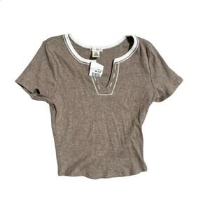 Women's Brown Knit Short Sleeve Top Scoop Neck Casual Tee Size S